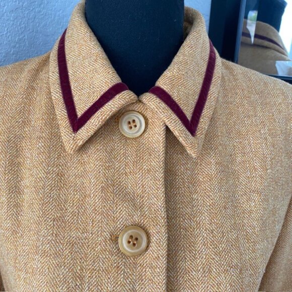 PHILLIPE ADEC Camel Wool Blend Tweed Jacket with Burgundy Trim Sz 6 - Picture 6 of 16